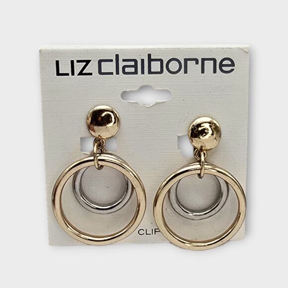 Liz Claiborne Gold Silver Double Hoop Clip-On Earrings NWT – Retro 80s 90s - Picture 6 of 7